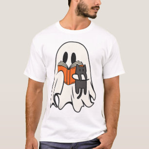 Cute Ghost Cat Reading Book Spooky Season Hallowee T-Shirt
