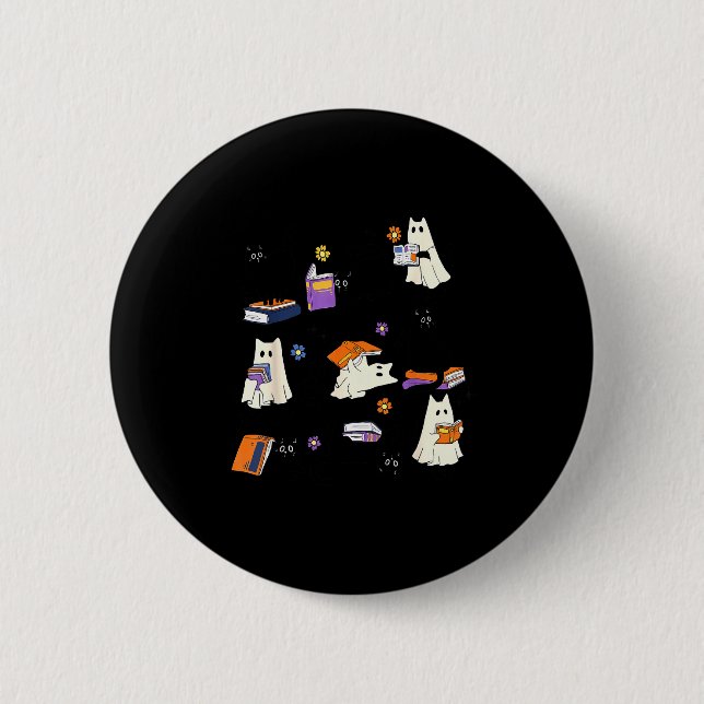 Cute Ghost Cat Reading Books Lover Bookish Hallowe 6 Cm Round Badge (Front)