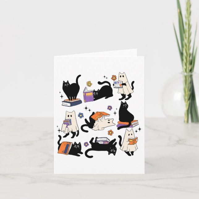 Cute Ghost Cat Reading Books Lover Bookish Hallowe Card (Front)
