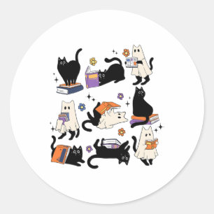 Cute Ghost Cat Reading Books Lover Bookish Hallowe Classic Round Sticker