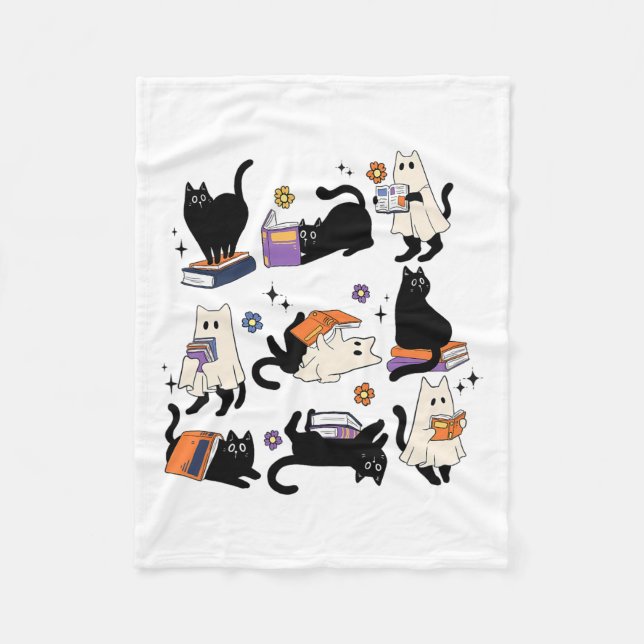 Cute Ghost Cat Reading Books Lover Bookish Hallowe Fleece Blanket (Front)