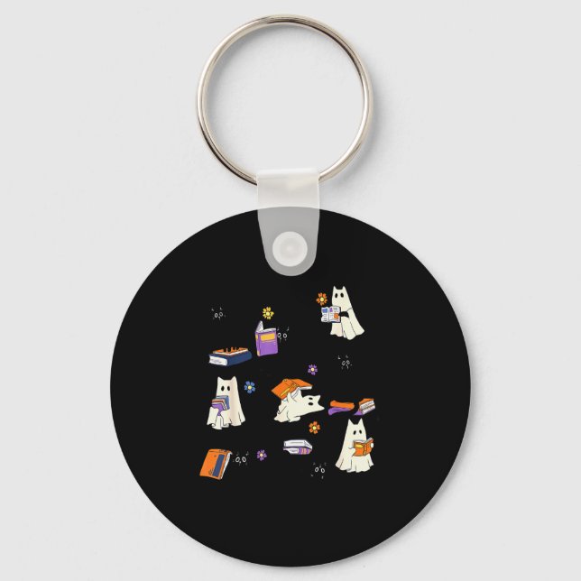 Cute Ghost Cat Reading Books Lover Bookish Hallowe Key Ring (Front)