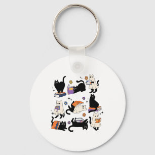 Cute Ghost Cat Reading Books Lover Bookish Hallowe Key Ring