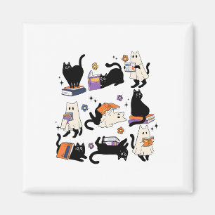 Cute Ghost Cat Reading Books Lover Bookish Hallowe Magnet