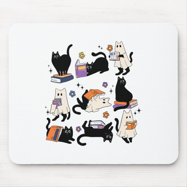 Cute Ghost Cat Reading Books Lover Bookish Hallowe Mouse Pad (Front)