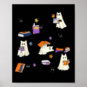 Cute Ghost Cat Reading Books Lover Bookish Hallowe Poster