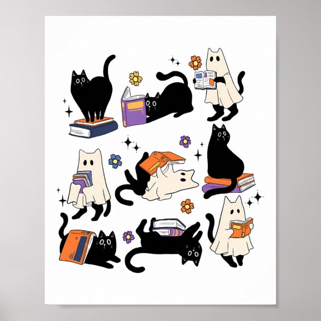 Cute Ghost Cat Reading Books Lover Bookish Hallowe Poster (Front)