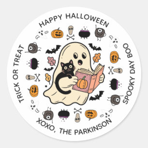 Cute Ghost & Cat Round Sticker – Halloween Reading