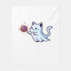Cute Ghost Cat Spooky Halloween Kitten Magical W Fleece Blanket