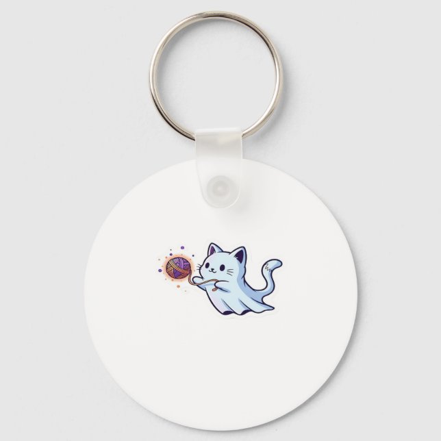 Cute Ghost Cat  Spooky Halloween Kitten  Magical W Key Ring (Front)