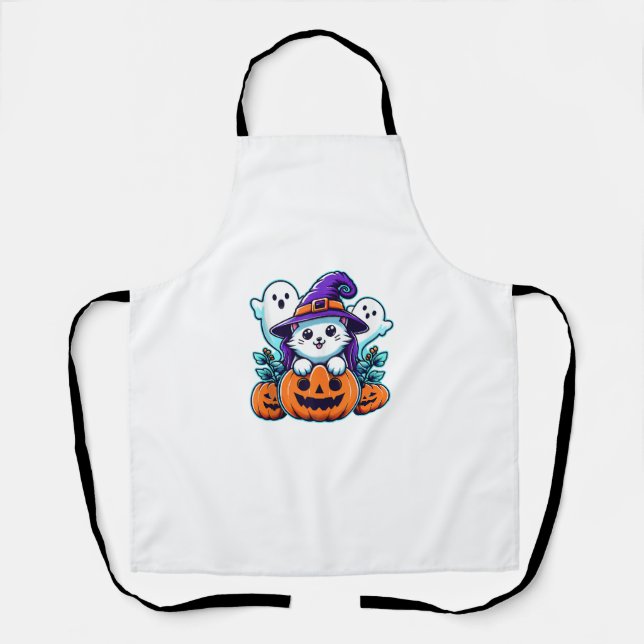 Cute Ghost Cat Witch Hat Pumpkin Halloween Cat Lov Apron (Front)