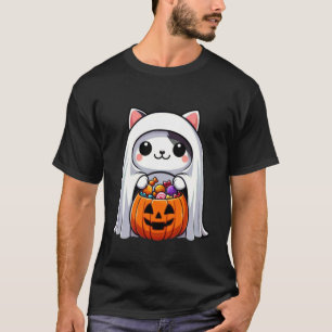 Cute Ghost Cat with Candy Funny Halloween T-Shirt