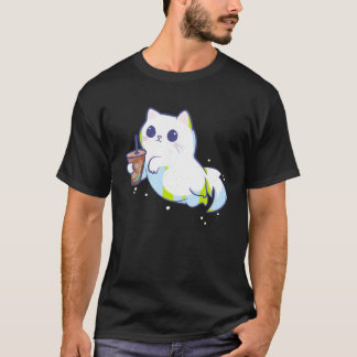 Cute Ghost Cat With Iced Coffee Funny T Shirt