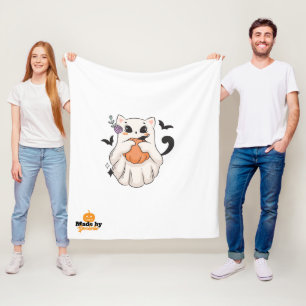 Cute Ghost Cat with Pumpkin Spooky Halloween Fleece Blanket