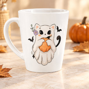Cute Ghost Cat with Pumpkin Spooky Halloween Mug