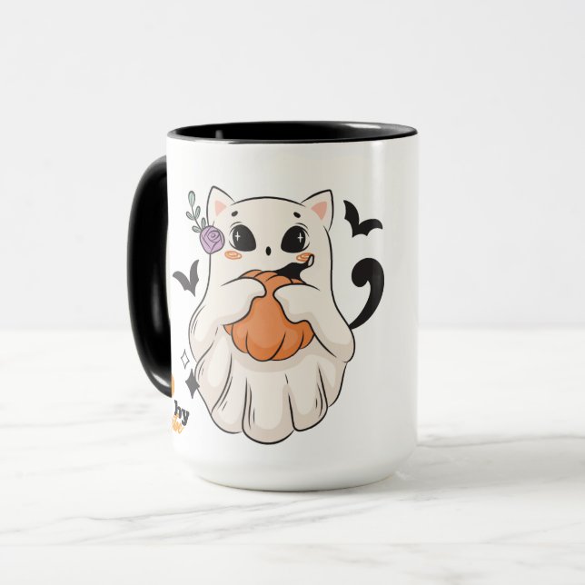 Cute Ghost Cat with Pumpkin | Spooky Halloween Mug (Front Left)