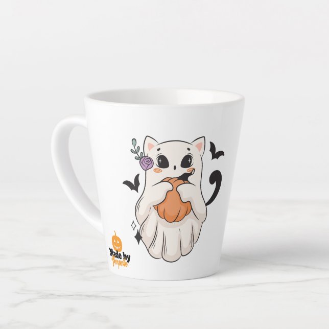 Cute Ghost Cat with Pumpkin | Spooky Halloween Mug (Left Angle)