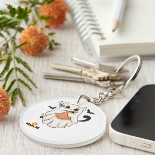 Cute Ghost Cat with Pumpkin   Spooky Halloween Mug Key Ring