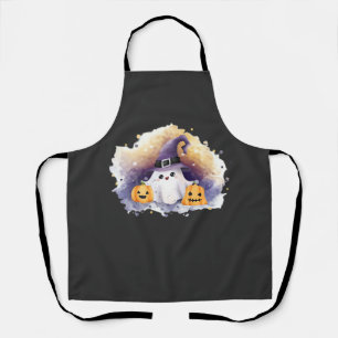 Cute Ghost Cat with Pumpkins � Kawaii Halloween Ar Apron