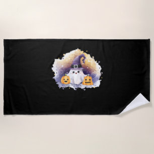 Cute Ghost Cat with Pumpkins – Kawaii Halloween Ar Beach Towel