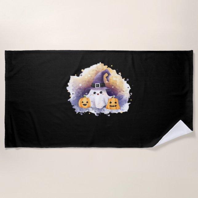 Cute Ghost Cat with Pumpkins – Kawaii Halloween Ar Beach Towel (Front)