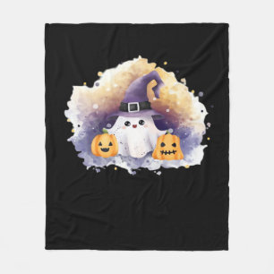 Cute Ghost Cat with Pumpkins – Kawaii Halloween Ar Fleece Blanket
