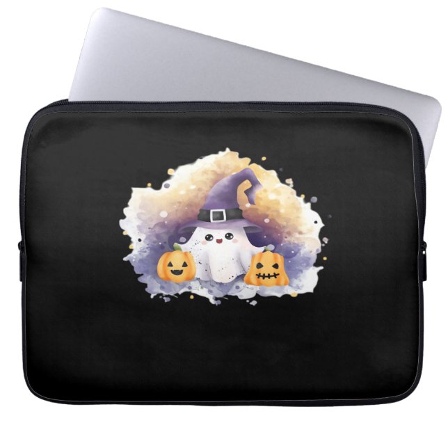 Cute Ghost Cat with Pumpkins – Kawaii Halloween Ar Laptop Sleeve (Front)