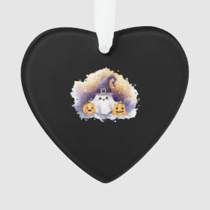 Cute Ghost Cat with Pumpkins � Kawaii Halloween Ar Ornament