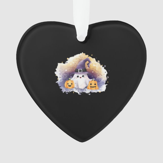 Cute Ghost Cat with Pumpkins � Kawaii Halloween Ar Ornament (Front)