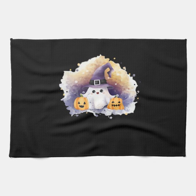 Cute Ghost Cat with Pumpkins � Kawaii Halloween Ar Tea Towel (Horizontal)