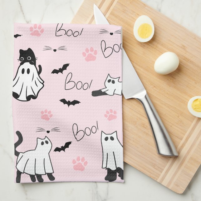 Cute Ghost Cats Halloween Tea Towel (Quarter Fold)