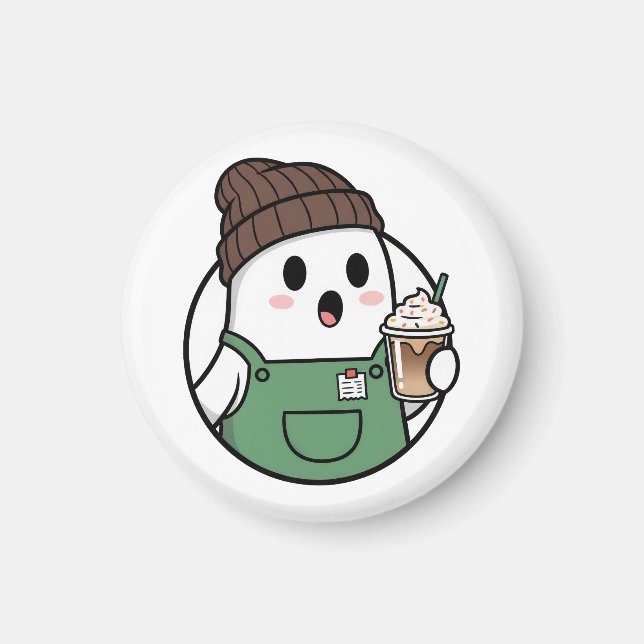 Cute Ghost Coffee Button Magnet (Front)
