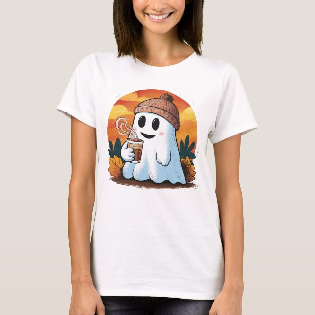 Cute Ghost Coffee Lover Halloween T-shirt For Girl (Front)