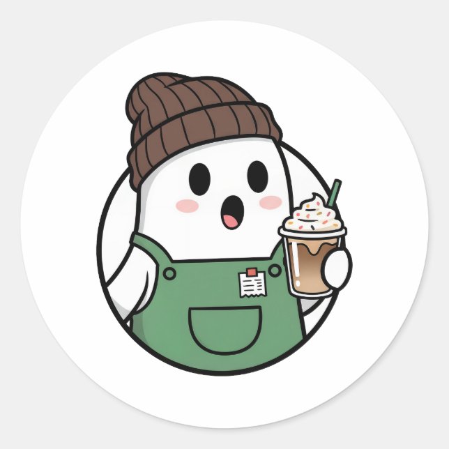 Cute Ghost Coffee Paper Cup – Funny Cartoon Dispos Classic Round Sticker (Front)