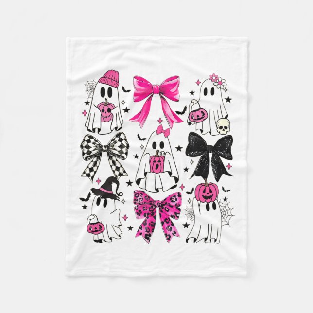 Cute Ghost Coquette Aesthetic Pink Bows Spooky Sea Fleece Blanket (Front)