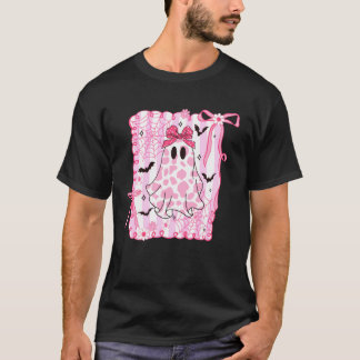 Cute Ghost Coquette Pink Bow Cow Print Halloween S T-Shirt