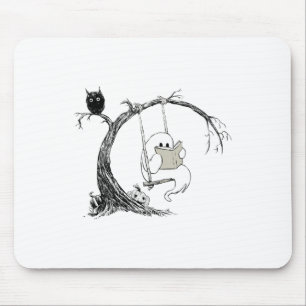 Cute Ghost Costume Swinging Reading Book Halloween Mouse Pad