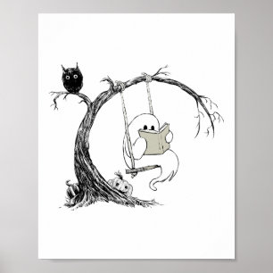 Cute Ghost Costume Swinging Reading Book Halloween Poster