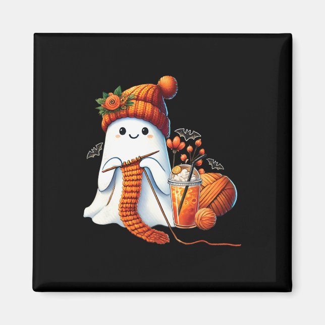 Cute Ghost Crochet Knitting Lovers Halloween Coffe Magnet (Front)
