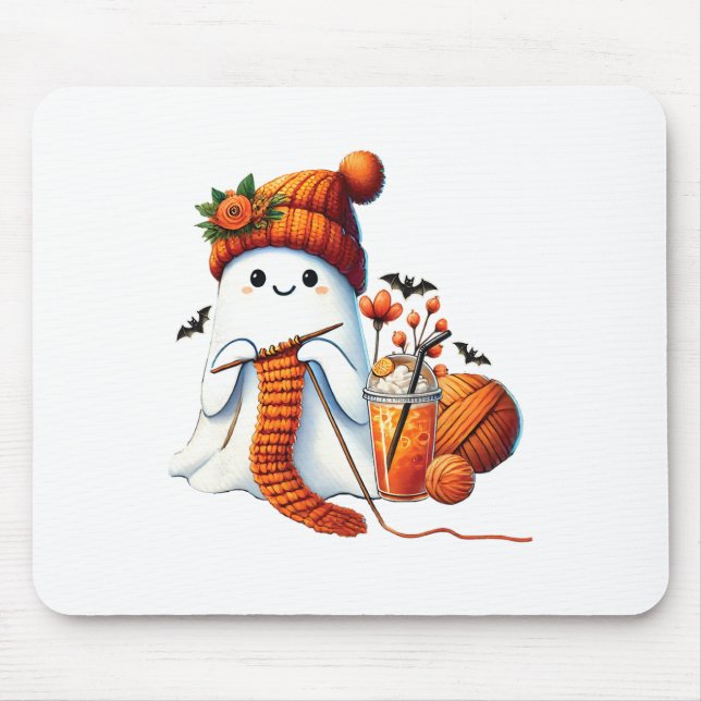 Cute Ghost Crochet Knitting Lovers Halloween Coffe Mouse Pad (Front)
