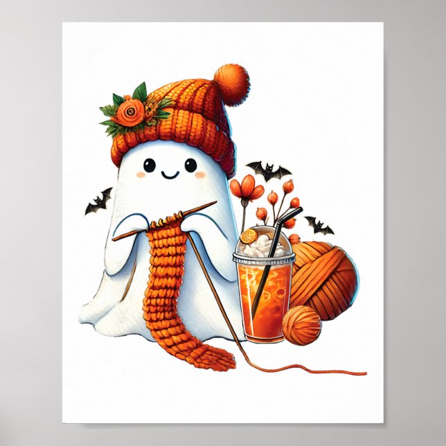 Cute Ghost Crochet Knitting Lovers Halloween Coffe Poster (Front)