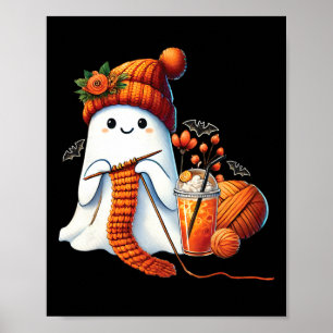 Cute Ghost Crochet Knitting Lovers Halloween Coffe Poster