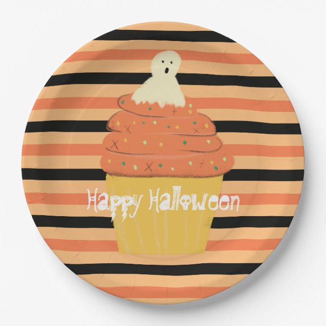 Cute Ghost Cupcake Halloween Orange Black Stripes Paper Plate (Front)