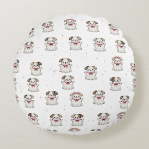 Cute Ghost Dog Halloween Bandanna Pink Bow Spooky Round Cushion