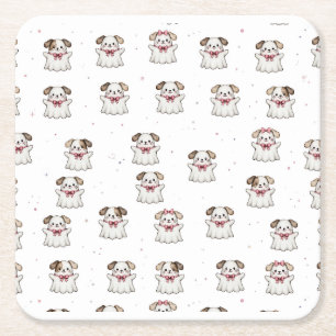 Cute Ghost Dog Halloween Bandanna Pink Bow Spooky Square Paper Coaster