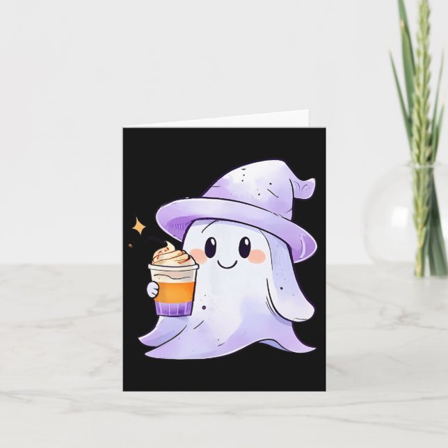 Cute Ghost Drinking Coffee Couple Halloween Coffee Card (Front)