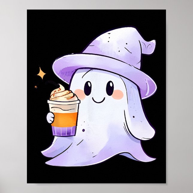 Cute Ghost Drinking Coffee Couple Halloween Coffee Poster (Front)