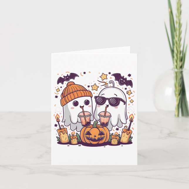 Cute Ghost Drinking Coffee Funny Halloween Costume Card (Front)