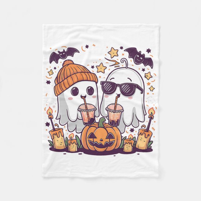 Cute Ghost Drinking Coffee Funny Halloween Costume Fleece Blanket (Front)