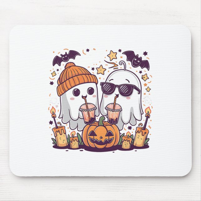Cute Ghost Drinking Coffee Funny Halloween Costume Mouse Pad (Front)